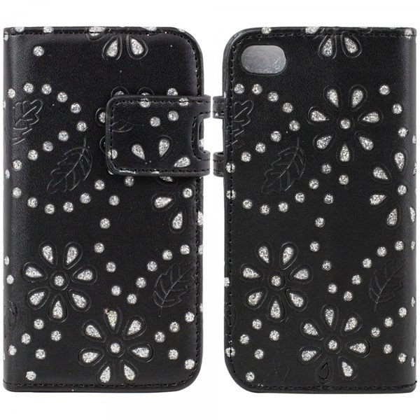 Wholesale iPhone 5 5S Diamond  Flip Leather Wallet Case with Stand ( Black)